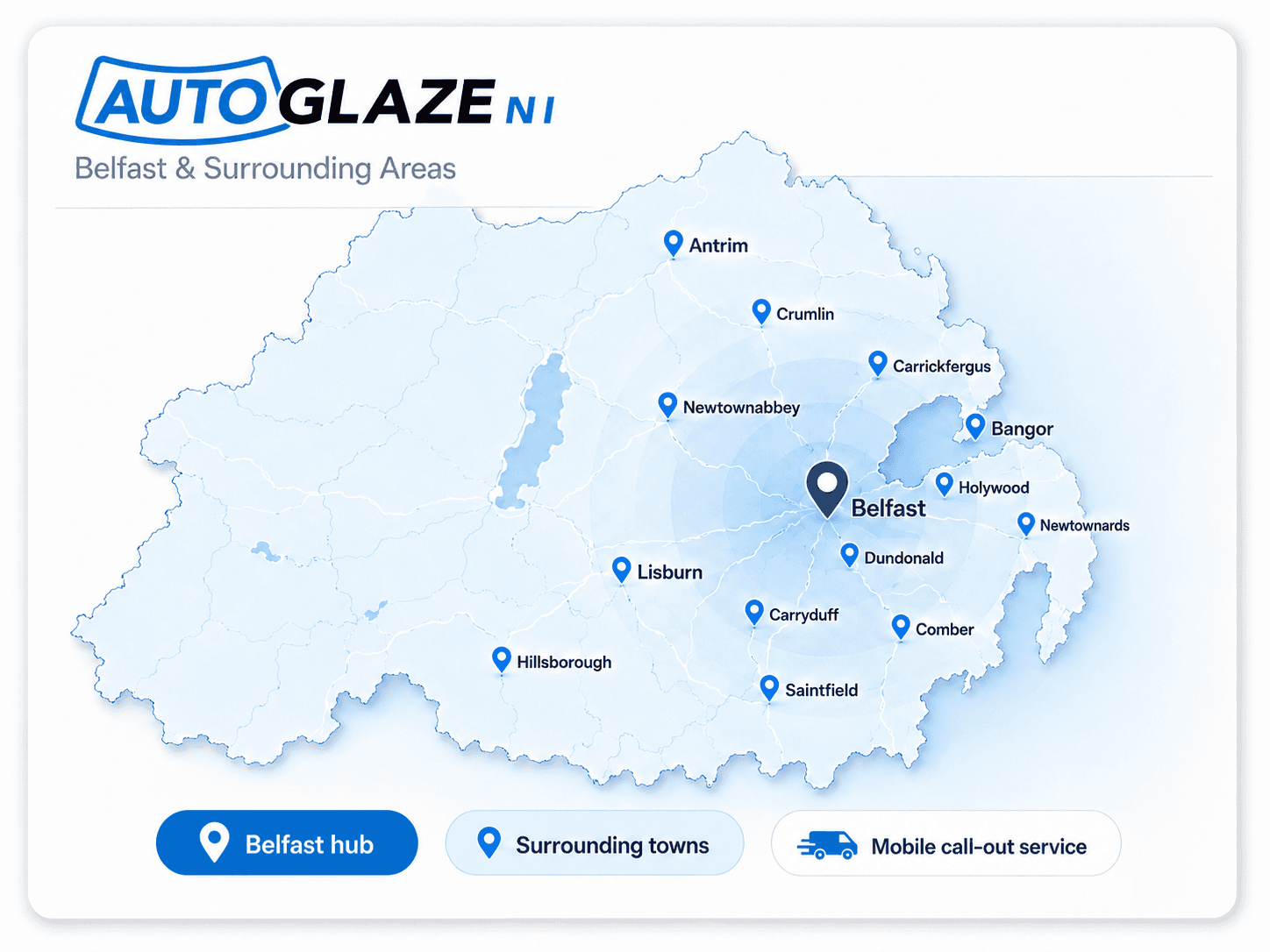 AutoGlazeNI map coverage around Belfast and nearby areas